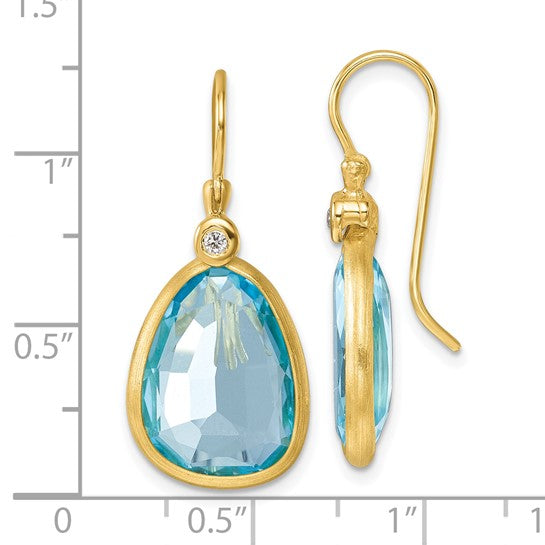 14K Polished and Satin Fancy Diamond and Blue Topaz Dangle Earrings