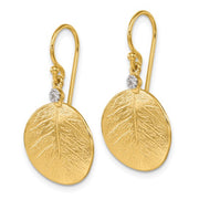 14K Brushed and Textured Diamond Circle Leaf Dangle Earrings