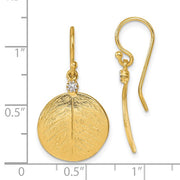 14K Brushed and Textured Diamond Circle Leaf Dangle Earrings