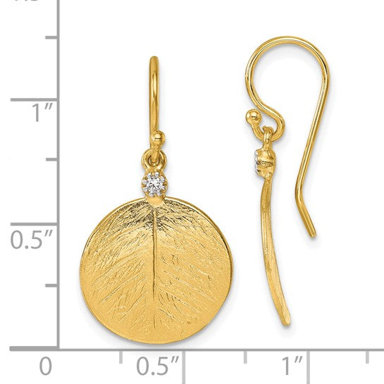 14K Brushed and Textured Diamond Circle Leaf Dangle Earrings