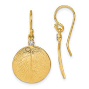 14K Brushed and Textured Diamond Circle Leaf Dangle Earrings