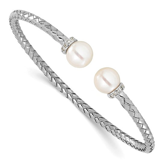 18kt Gold Woven Cuff Pearl & Diamond Bangle