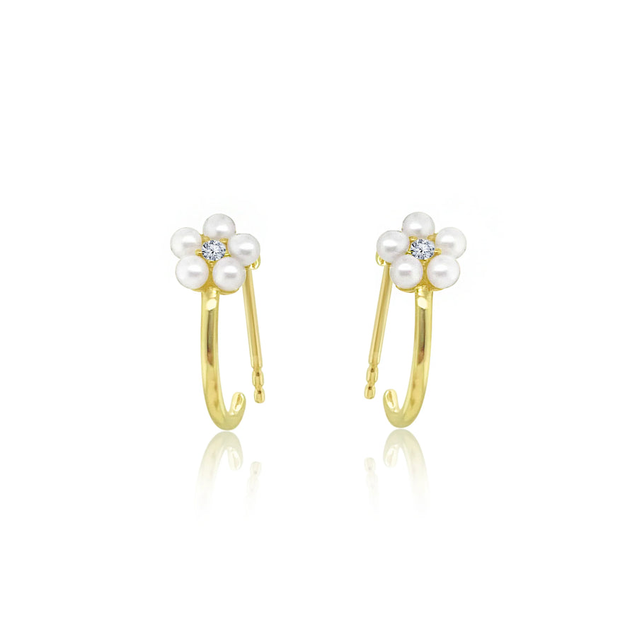 Yellow Gold Pearl Flower Earrings