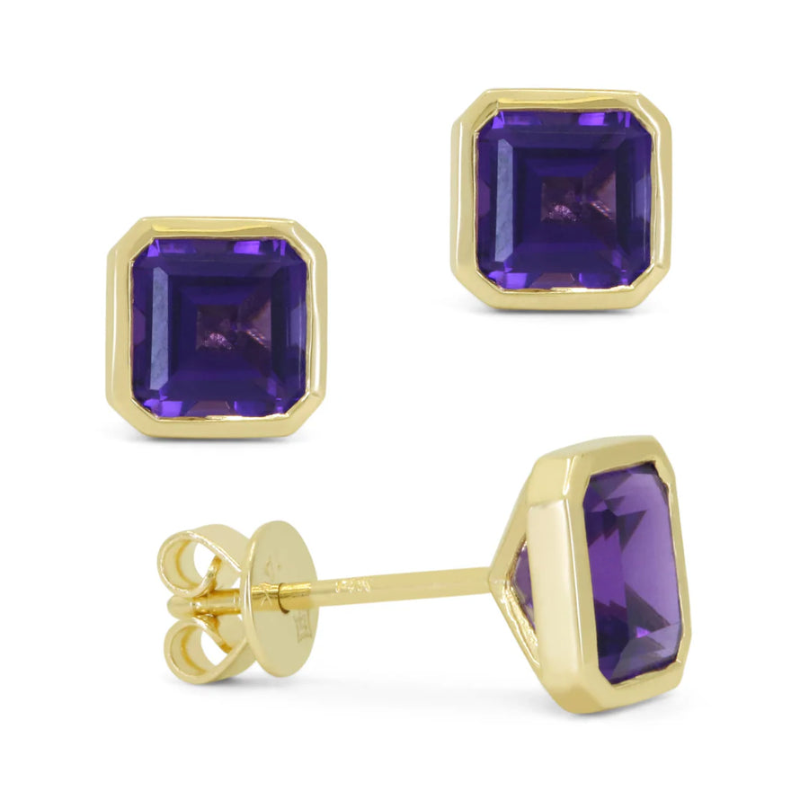 Square Amethyst Bezel Stud Earrings