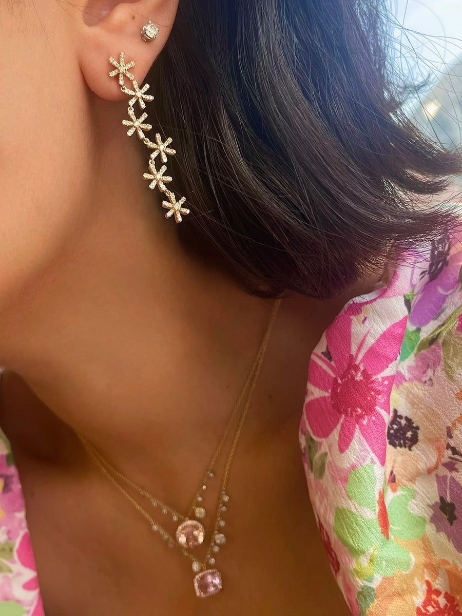 1.5 inch 14kt yellow gold Diamond Flower Drop Earrings