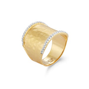 R2546Y wide hammered gold and diamond ring