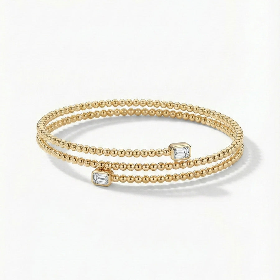 Wraparound Beaded Emerald Cut Diamond Bangle