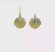 14K Brushed and Textured Diamond Circle Leaf Dangle Earrings