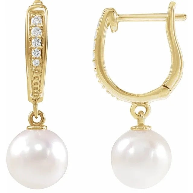 88195 14kt Gold Pearl & Diamond Leverback Earrings