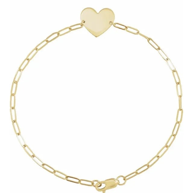 14kt Yellow Gold Engravable Heart Paper Clip Bracelet