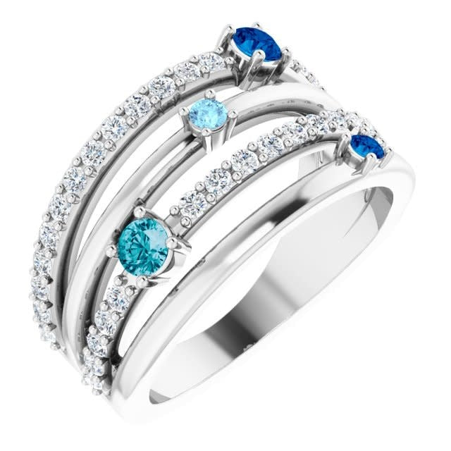 14kt White Gold Multi Row Band with Diamonds & Blue Gemstones