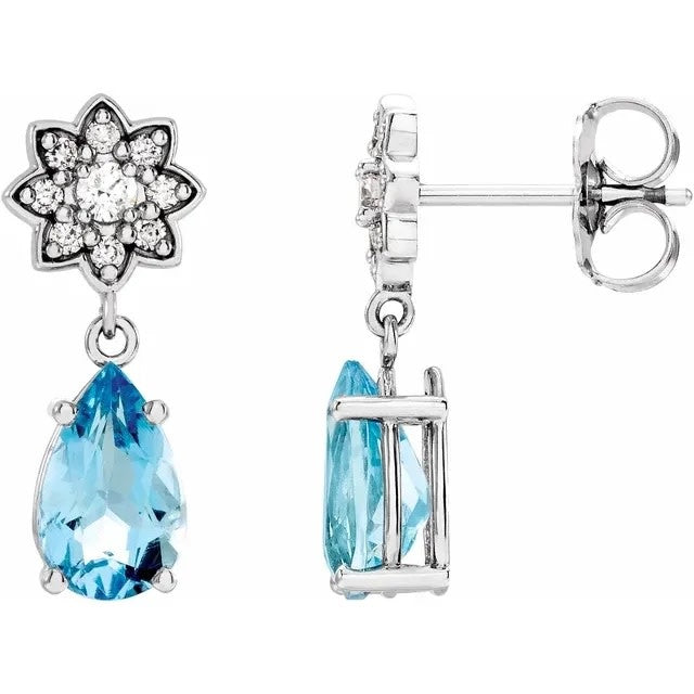 Pear Shape Aquamarine & Diamond Cluster Earrings