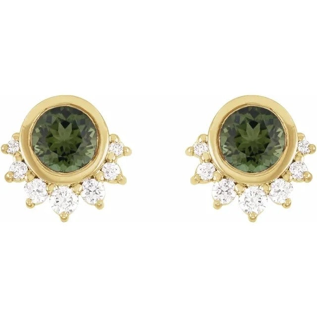 Green Tourmaline & Diamond Stud Earrings