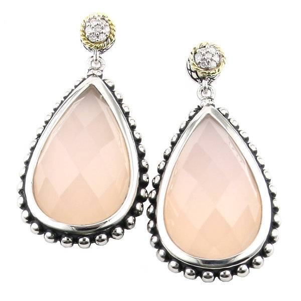 18k Yellow Gold and Sterling Silver Pink Agate and Diamond Earrings