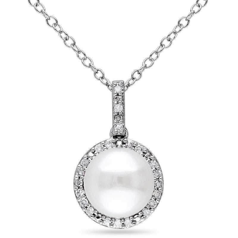 P0091P pearl and diamond halo pendant necklace