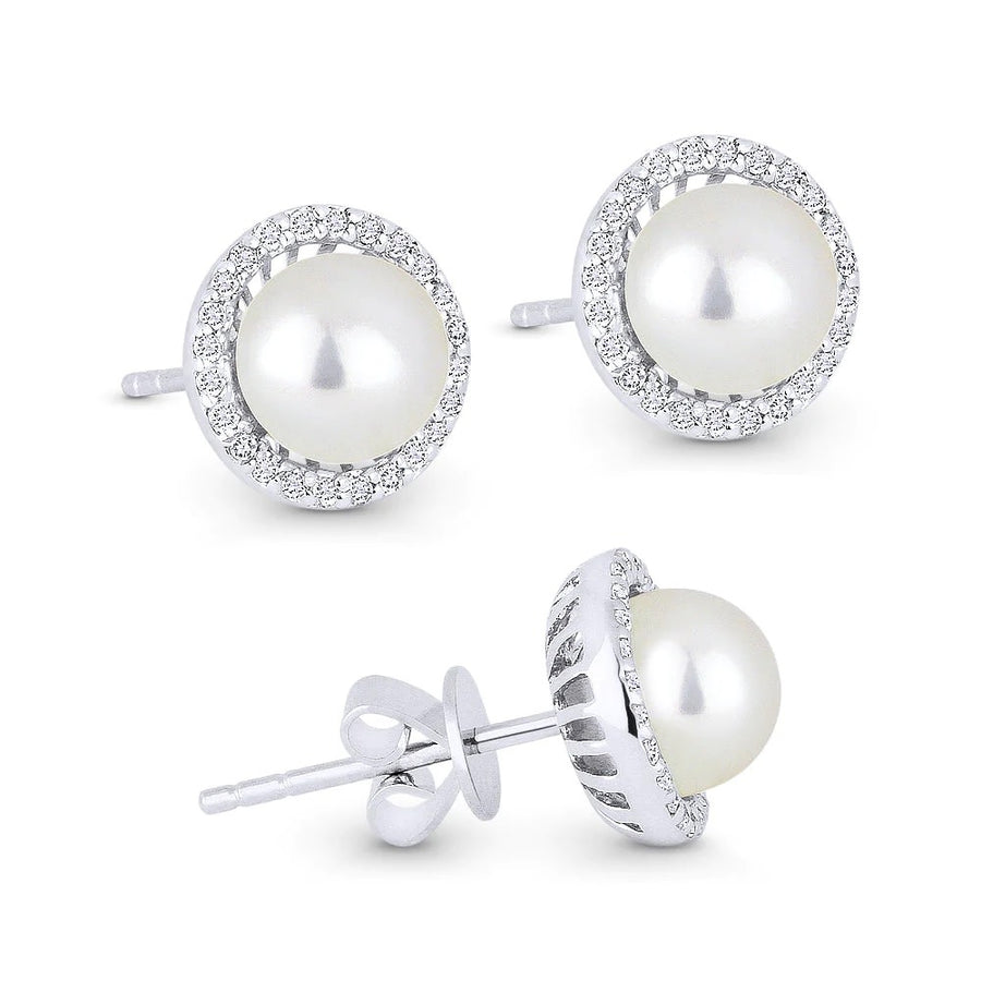 E1266PEP Pearl & Diamond Halo Stud Earrings