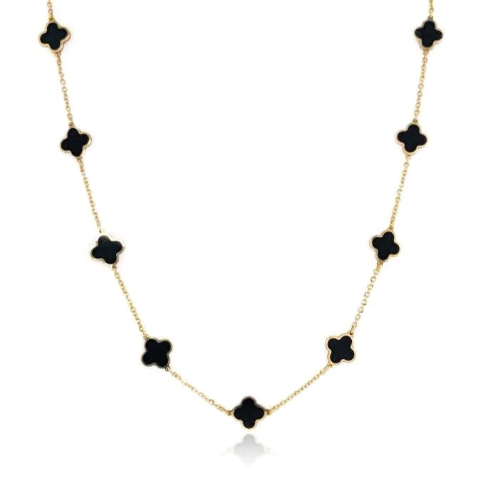 14kt Yellow Gold Black Onyx Clover Station Necklace