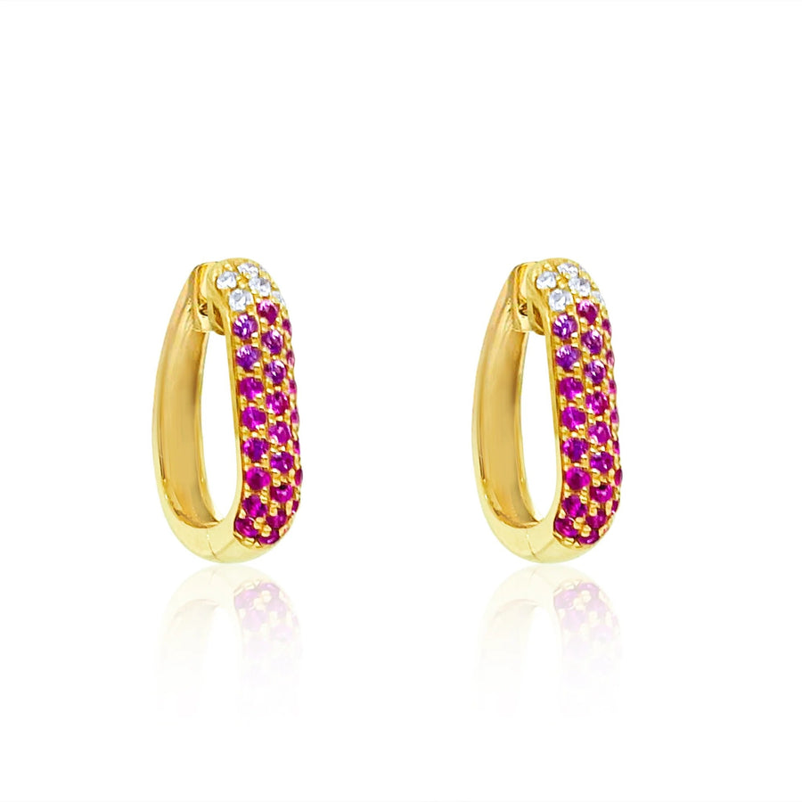 Yellow Gold Pink Sapphire and Diamond Square Huggies