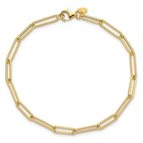 14kt Polished and Textured Paperclip Link Bracelet