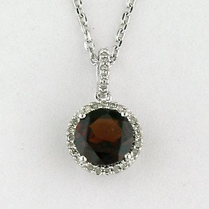 N0195G Garnet and diamond halo pendant necklace