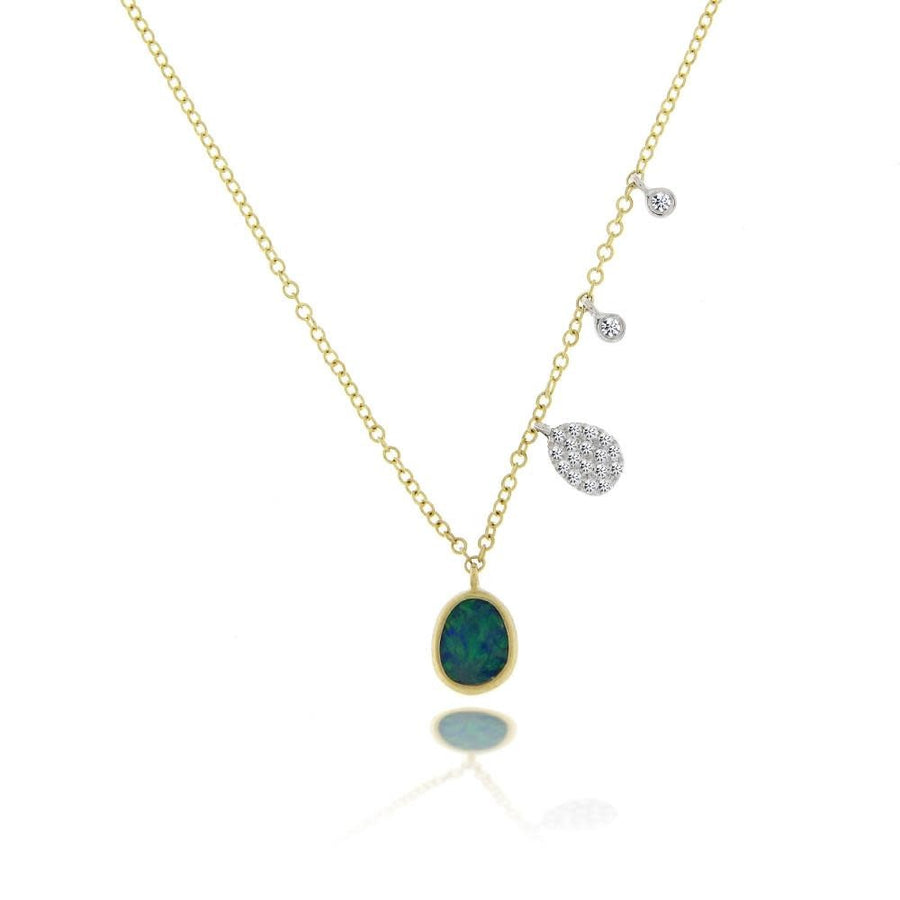 Yellow Gold Opal Necklace with Diamond Side Charms