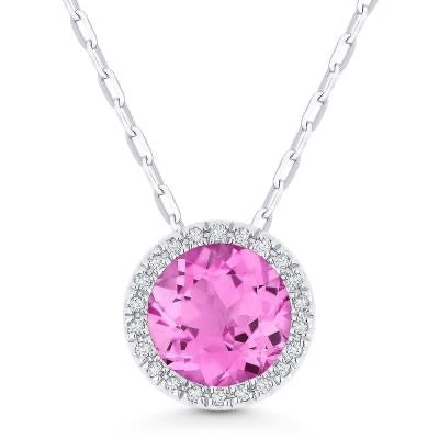 N1041PCW  Lab Pink Sapphire and Diamond Halo Necklace