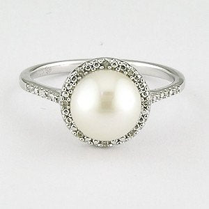 Sterling Silver Pearl Ring with a Diamond Halo