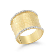 R2546Y wide hammered gold and diamond ring