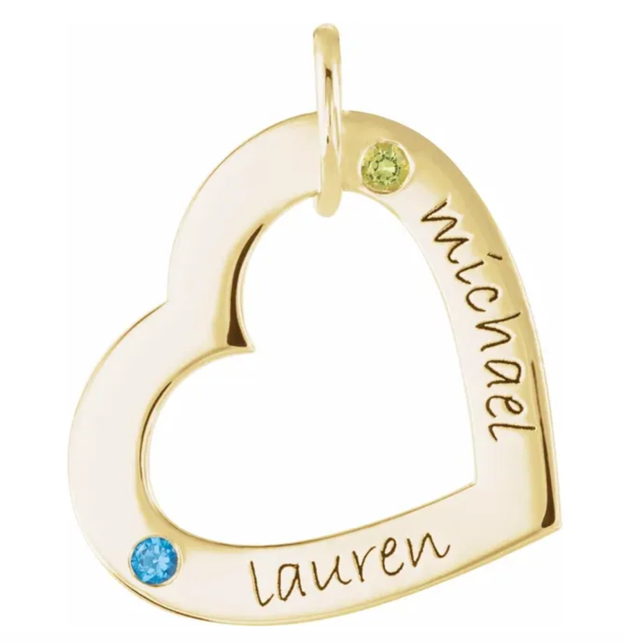 14kt Gold Engravable Heart Loop Pendant with 2 Gemstones