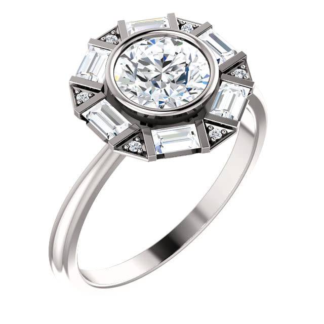 Art Deco Baguette and Round Diamond Halo Setting