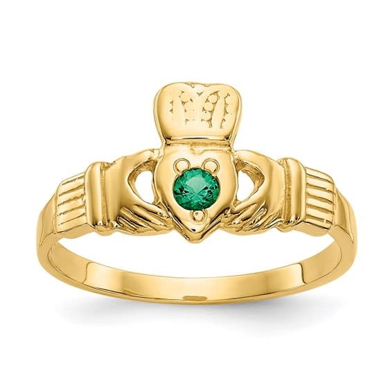 14kt yellow gold claddagh ring with Green CZ